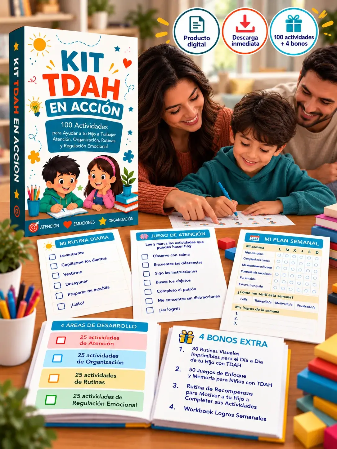 Kit TDAH en Acción: producto digital con 100 actividades y 4 bonos, para niños de 6 a 12 años